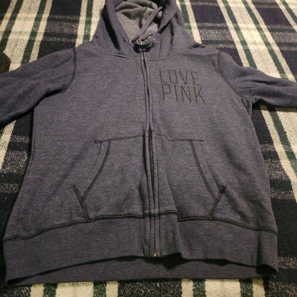 Victoria's Secret LOVE PINK Blue Large Zipper Hoodie Sweater Bundle of (2) w/ Gr - Picture 2 of 12